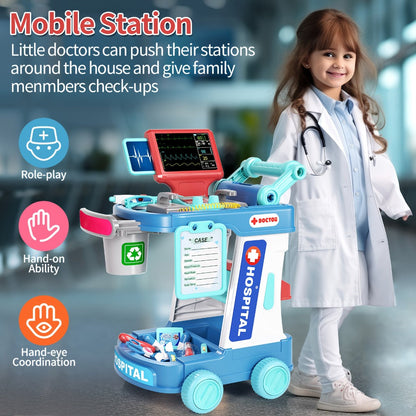 Kids Doctor Kit with Medical Cart Set – Movable Toy Trolley, Stethoscope, Thermometer & Accessories | Doctor Nurse Role Play Toy for Boys & Girls Ages 3 4 5 6, Birthday & Christmas Gift