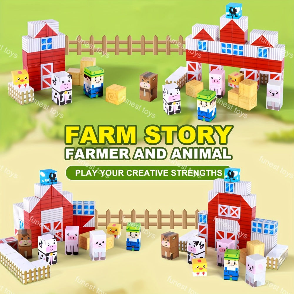 Farm Animal Magnetic Blocks 54pcs STEM Educational Toy – Farm Theme Magnetic Cubes with Animals & Farmer, Creative Learning Building Set, Birthday Easter Christmas Gift for Kids