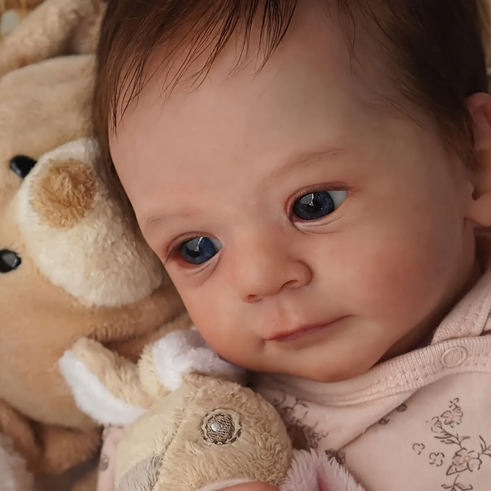 Pink Reborn Baby Doll 16 Inch 42CM Hand-Rooted Brown Hair Cloth Body – Hand-Painted Lifelike Newborn Girl Angie, Gift Set with Pacifier Feeding Container Birth Certificate for Kids Ages 3+ & Collectors