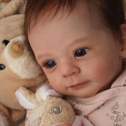 Pink Reborn Baby Doll 16 Inch 42CM Hand-Rooted Brown Hair Cloth Body – Hand-Painted Lifelike Newborn Girl Angie, Gift Set with Pacifier Feeding Container Birth Certificate for Kids Ages 3+ & Collectors
