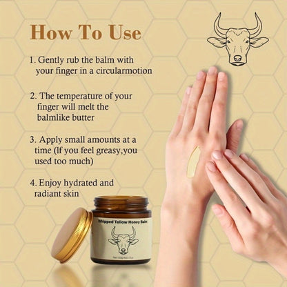 Whipped Beef Tallow Balm for Face & Body 4oz - Grass-Fed with Honey, Natural Non-Greasy Deep Moisturizer for Dry & Sensitive Skin, Vitamins A D E K, Unrefined Formula for Women & Men