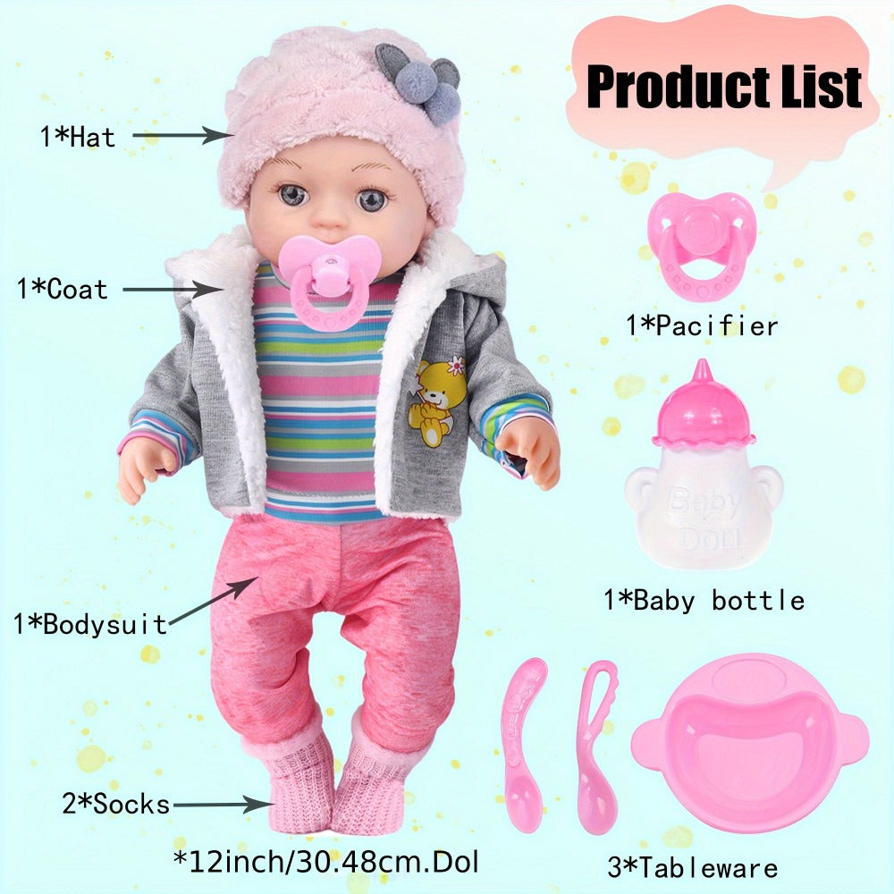 Baby Doll Playset 12 Inch with Clothes Accessories Complete Nurturing Toy Set Hat Coat Romper Tableware Feeding Bottle Pacifier Gift for Girls Toddlers Kids Ages 3+