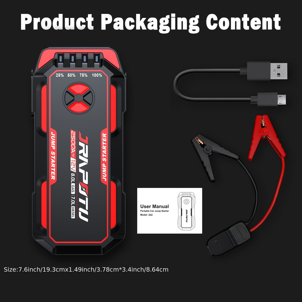 Portable Car Jump Starter, 2500A Peak Battery Jumper Starter Portable, Jump Box for Car Battery, 12V Portable Jump Starter for 2.11gal Gas & 1.85gal Diesel Cars with USB Ports & LED Flashlight, Car Battery Charger Jump Starter, Battery Starter