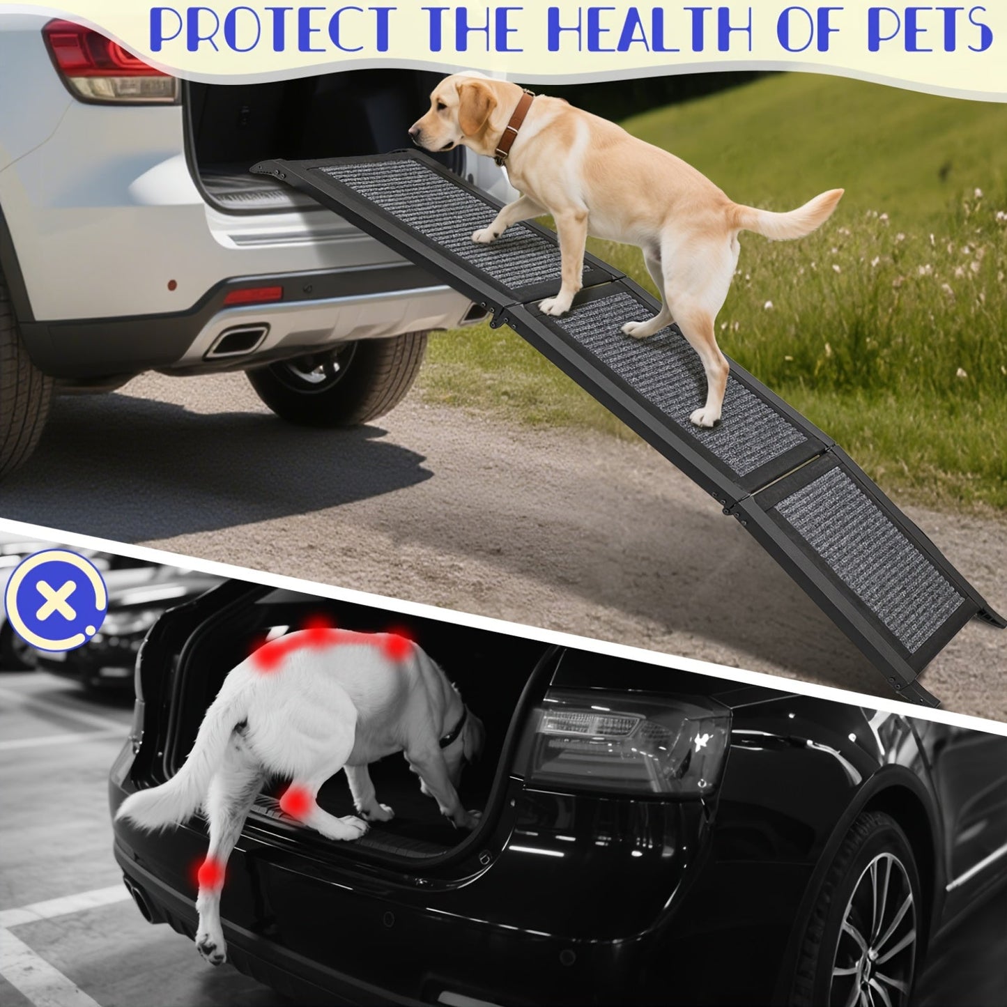 Folding Pet Ramp for Dogs & Cats – Adjustable Portable Non-Slip Fabric Ramp with Ergonomic Handle for Car, Bed & Sofa Access | Indoor & Outdoor Use, 60in & 67in