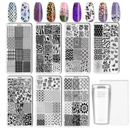 Nail Stamping Plate Set 9Pcs with 7 Mixed Design Stainless Steel Plates – Complete Nail Art Stamp Kit with Stamper & Scraper for Floral Geometric Abstract DIY Manicure Printing, Reusable Beginner & Pro Nail Decoration