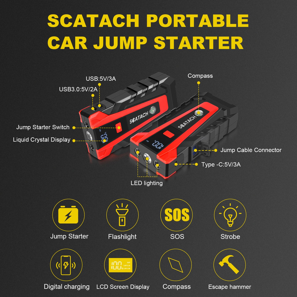 The Car Emergency Starter Power Supply Comes with A Digital Tire Pressure Gauge And Air Pump, A Window Breaker Hammer, And Is Suitable for 12V Cars, Trucks, SUV, Rvs, And Motorcycles. It Features A Multi-Functional Portable LED Display, SOS