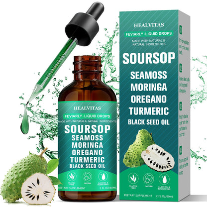 Soursop Bitters Liquid Drops 10-in-1 with Sea Moss Moringa Turmeric Black Seed Oil Oregano Ashwagandha - Natural Herbal Supplement for Immune Support Detox & Wellness 140g