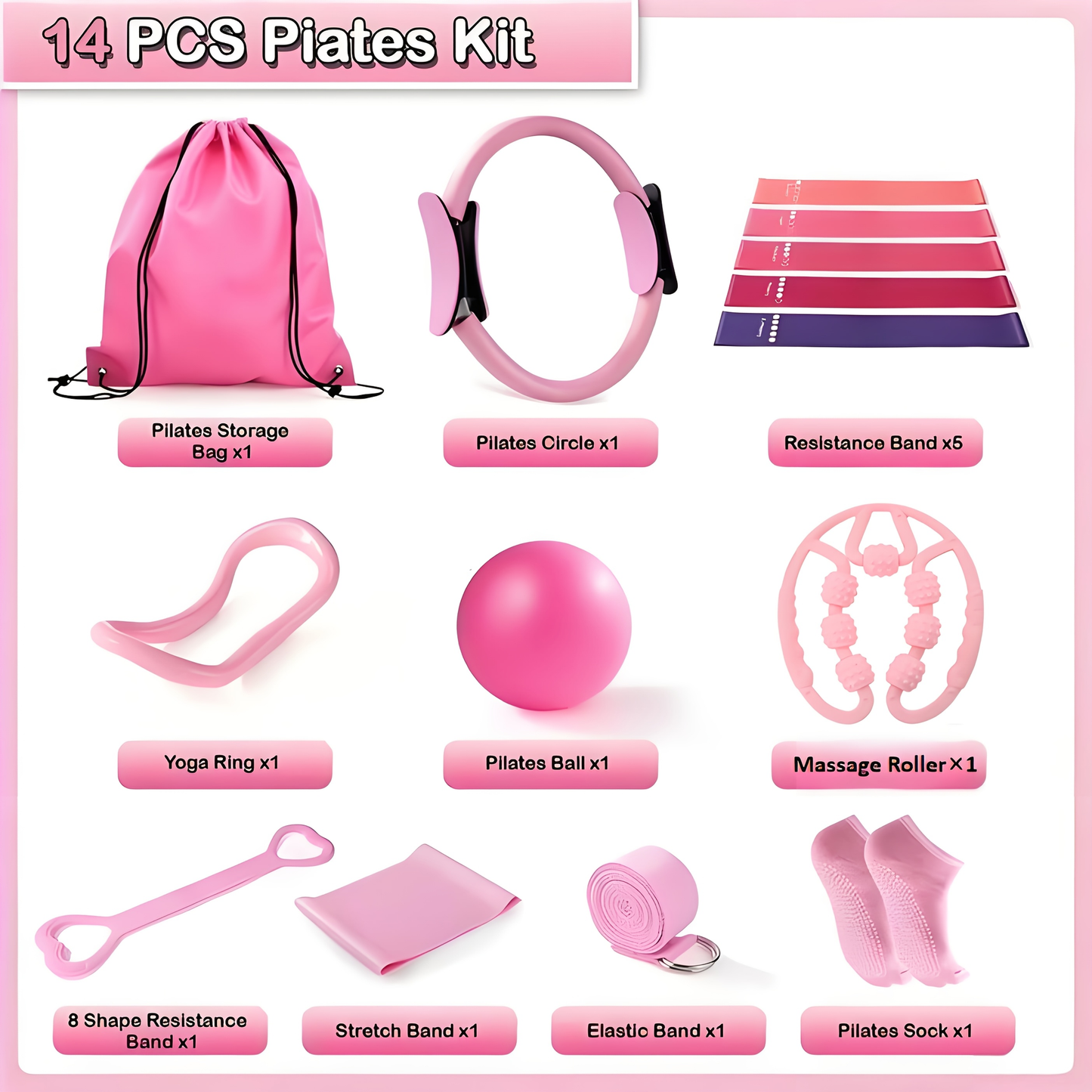 Pilates Set for Women 14-Piece – Includes 13-Inch Pilates Ring, 9-Inch Yoga Ball, 5 Resistance Bands & Hip Thrust Bands, Complete Home Pilates Equipment Kit for Beginners & Core Training