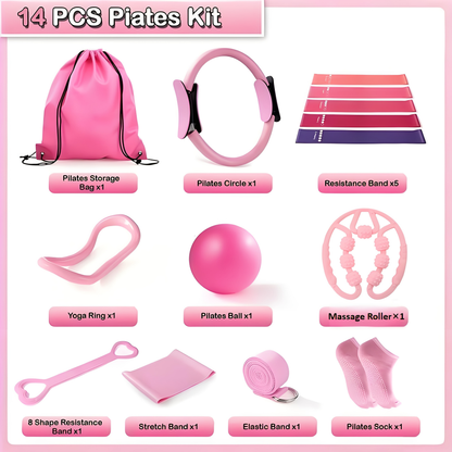Pilates Set for Women 14-Piece – Includes 13-Inch Pilates Ring, 9-Inch Yoga Ball, 5 Resistance Bands & Hip Thrust Bands, Complete Home Pilates Equipment Kit for Beginners & Core Training