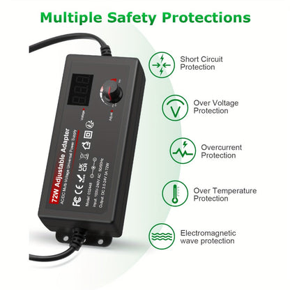 Adjustable AC to DC Power Adapter 72W - 3-24V Variable Power Supply with LCD Voltage Display, Knob Control, 15 Interchangeable Tips, Overvoltage & Short Circuit Protection, 100-240V Universal Input