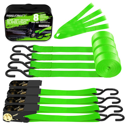 4-Pack Ratchet Tie Down Straps with 4 Soft Loops – 15FT, 1500 lbs Breaking Strength, Heavy Duty for Moving, Motorcycle, Lawn Gear, Multi-Color (Orange, Blue, Camo, Green, Red, Yellow)