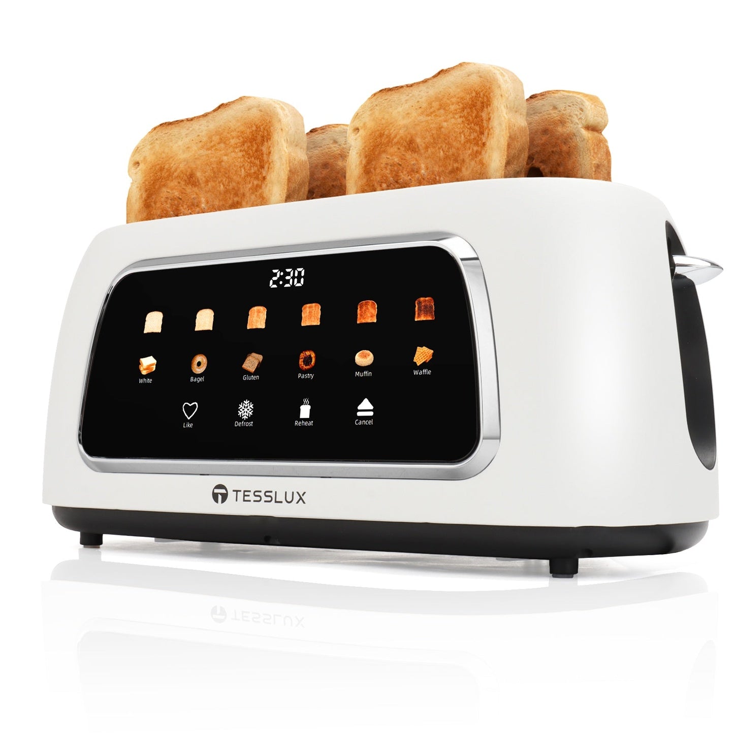 4 Slice Toaster with Touch Screen Control, 1.5" Wide Long Slots, 6 Browning Levels & 6 Bread Types – Digital Timer, Memory Function, Defrost & Reheat for Family Breakfast, White & Black