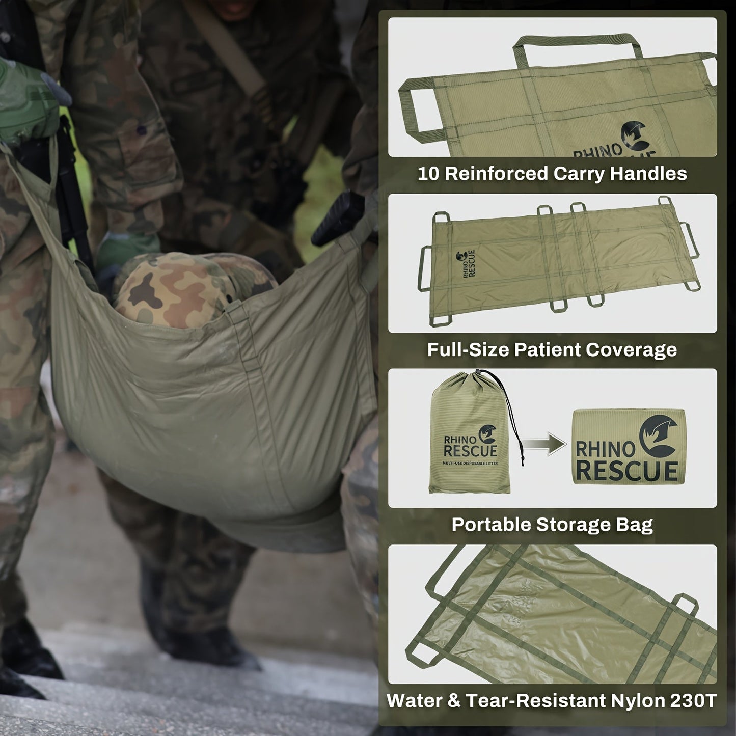 Emergency Stretcher Disposable 661LB Capacity – Portable Water-Resistant Rescue Litter with 10 Handles | 230T Nylon PA Stretcher for Mass Casualty, Disaster Response & IFAK Tactical Gear | 186×68cm