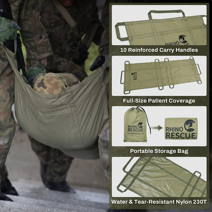 Emergency Stretcher Disposable 661LB Capacity – Portable Water-Resistant Rescue Litter with 10 Handles | 230T Nylon PA Stretcher for Mass Casualty, Disaster Response & IFAK Tactical Gear | 186×68cm
