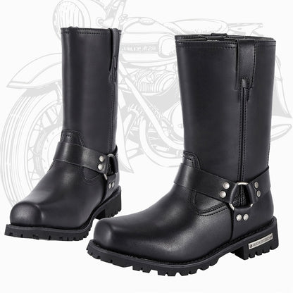 Men's Motorcycle Boots 11" Harness – PU Leather Non-Slip Square Toe Mid-Calf Biker Boots, Abrasion Resistant All-Season Riding Boots, Sizes US 8 to US 14, Black