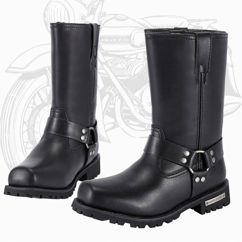 Men's Motorcycle Boots 11" Harness – PU Leather Non-Slip Square Toe Mid-Calf Biker Boots, Abrasion Resistant All-Season Riding Boots, Sizes US 8 to US 14, Black