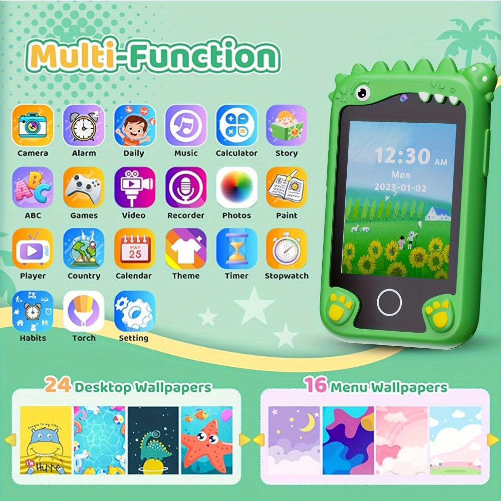 Kids Smart Phone Toy with Touchscreen HD Dual Camera & 8GB SD Card – Dinosaur Children's Cell Phone for Boys & Girls Ages 3+ Travel Toy Birthday Christmas Easter Gift Green Purple