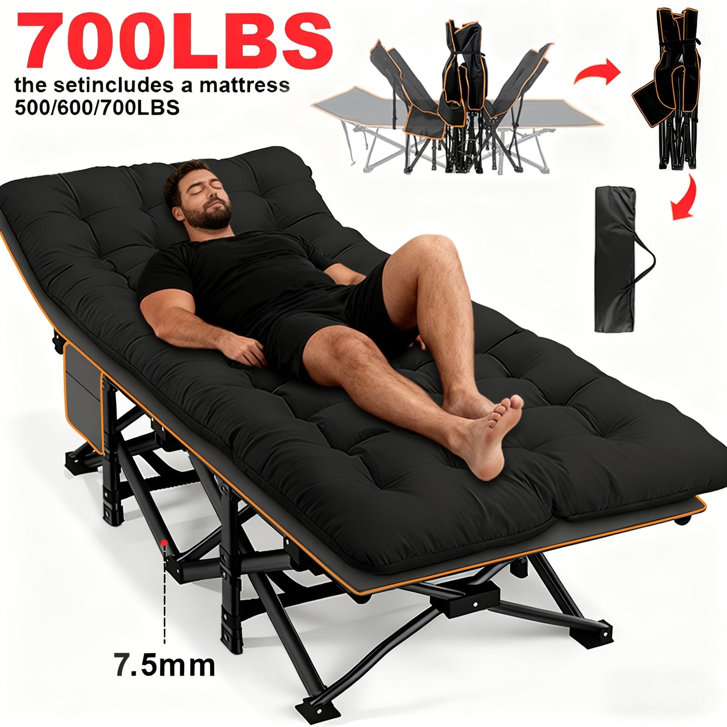 Heavy Duty Folding Bed 500 600 700 LBS Capacity Extra Large Portable Camping Cot Guest Bed with Optional Mattress Sturdy Steel Frame Flip-Up Foldable Patio Sofa Bed