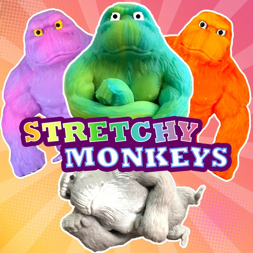Squishy Monkey Stretchy Fidget Toy 4pcs – Mega Gorilla Squish & Stretch Stress Relief Toy, PVA Sponge Filling, Random Colors, Fun Kids Sensory Toy Party Favor Gift