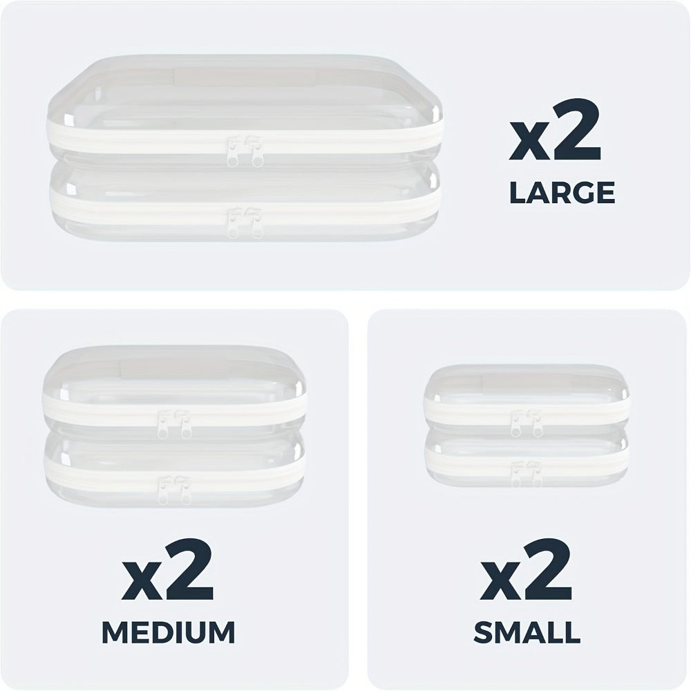 Clear Hard Shell Storage Bag Set 6Pcs Transparent Zippered Makeup Organizer Pouch Hard Plastic Pencil Case Travel Toiletry Bag Small Medium Large Sizes Multi-Purpose