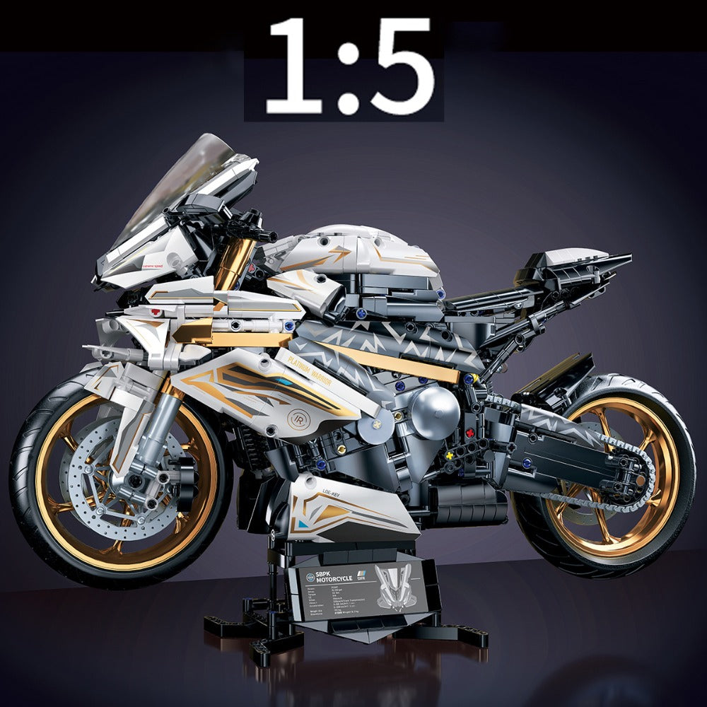 Motorcycle Building Blocks Model Kit 1:5 Scale 2000+ Pieces – Platinum Gold & White Collectible Brick Motorbike Display Set, Unique Gift for Men Adults Collectors Birthday Christmas (Premium Edition)