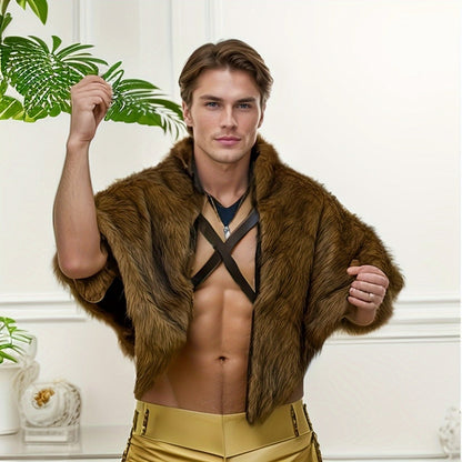 Viking Wolf Fur Cloak & Medieval Mantle with Crossed Chest Straps – Faux Fur Shoulder Wrap for Men & Women, Halloween LARP Cosplay Renaissance Fair Norse Warrior Costume, Brown