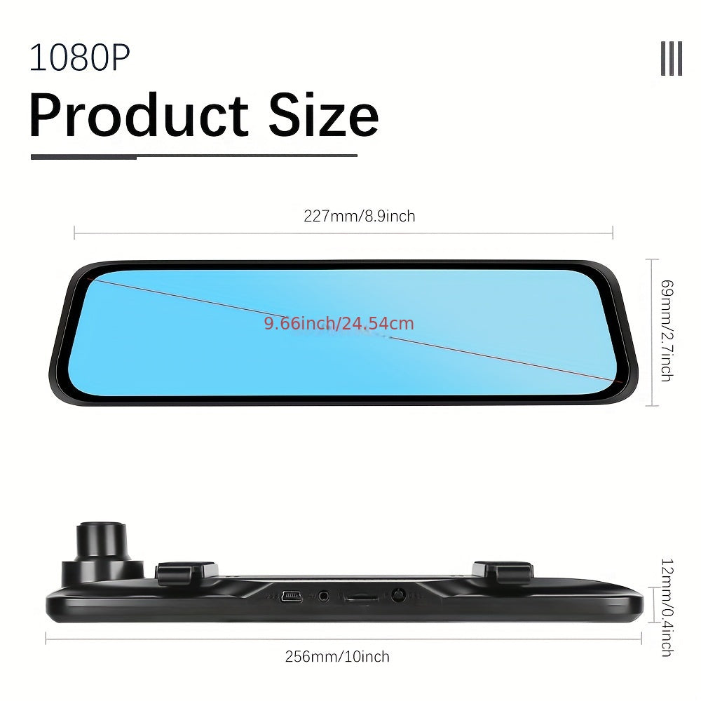 Front And Rear Mirror Dash Camera, Featuring a Rearview Mirror Camera with a TF Card, a 9.66-Inch 1080P IPS Touchscreen, Loop Recording, Wide Angles of 150° And 120°, Night Vision, G-Sensor, And an AHD Backup Camera