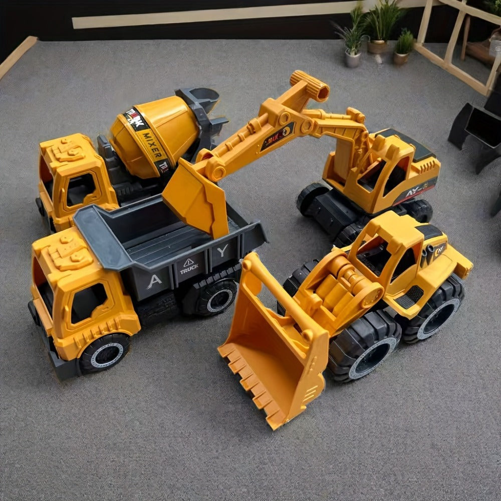 4-Piece STEM Construction Toy Vehicle Set for Toddlers | Shatterproof Excavator Mixer Dump Truck Bulldozer | No Battery Needed | Kids Engineering Toy Ages 2+