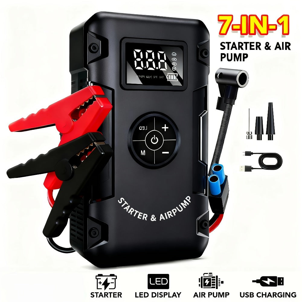 Jump Starter 10000A 7-in-1 with Air Pump – 150PSI Tire Inflator, Portable Battery Booster for Gas & Diesel, USB & USB-C Power Bank, LED Emergency Light