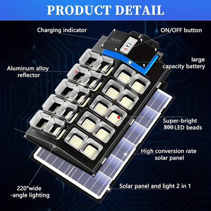 Solar Street Lights Outdoor 800 LED IP54 Waterproof with Motion Sensor – 6500K Dusk to Dawn Flood Light, Remote Control, Adjustable Brightness & Timer for Parking Lot Yard Garage Driveway Rural Area