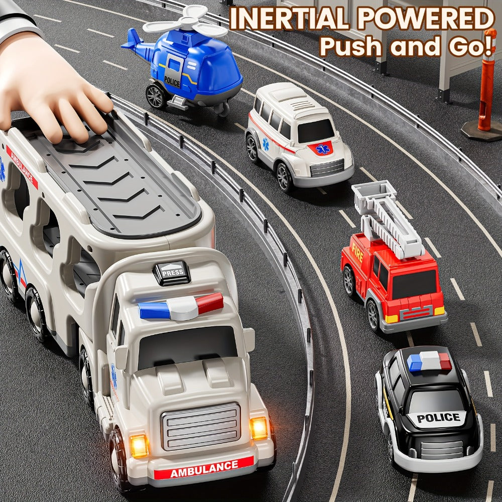 Ambulance Truck Toy Set for Boys – 5-in-1 Friction Power Carrier Truck with Lights & Sounds, Push & Go Emergency Vehicle Toys for Toddlers Kids Ages 3+, Birthday Christmas Gift for Boys