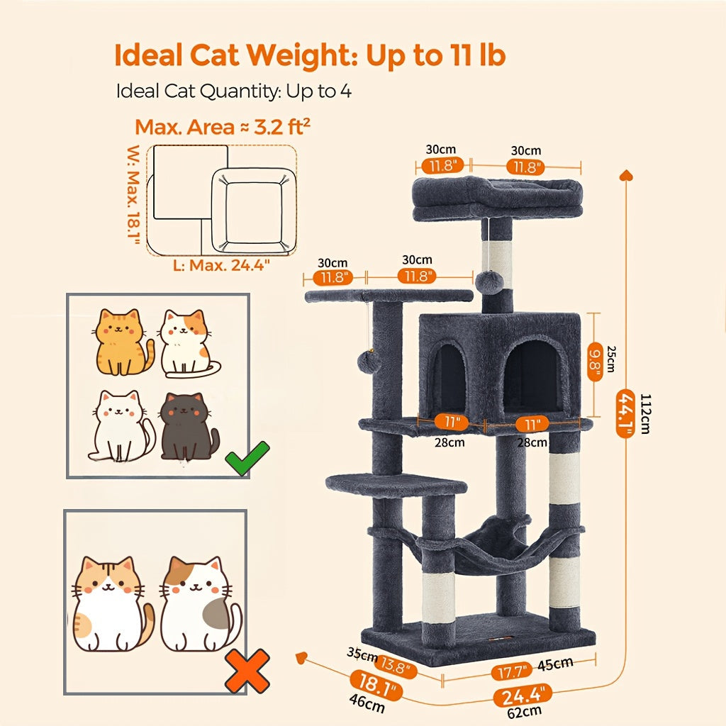Cat Tree Tower Multi-Level Condo – 44in & 66in with Cozy Cave, Plush Hammock, 4 Sisal Scratching Posts & 2 Perches | Anti-Tilt Stable Cat Playhouse for Multi-Cat Families, Easy Assembly