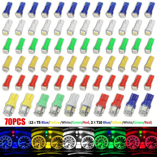 for All Vehicles: 70pcs LED Instrument Panel Lights - T10/ T5, 12V DC, Multi-Color (Green/ Red/ White/ Blue/ Yellow) - Easy Installation & Durable Interior Lighting