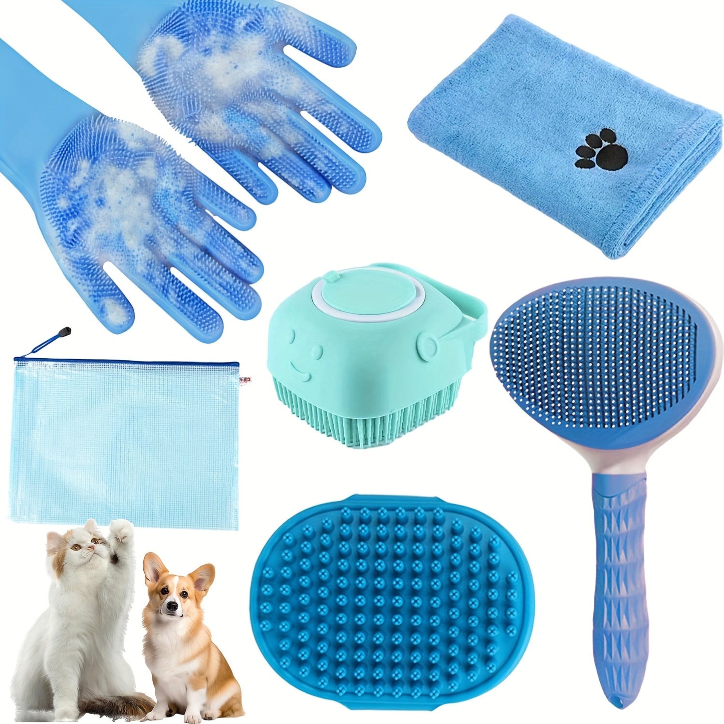 Dog Grooming Kit Set 6pcs – Pet Brush, Microfiber Towel, Washing Gloves & Shedding Tool, No Power Required, Essential Home Pet Care for Shiny Healthy Coat, Dogs & Cats