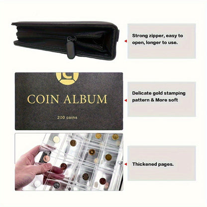 Coin Collection Book with Zipper & Handle 200/320 Pockets – 10/20 Page Coin Storage Album for Currency & Commemorative Coins, Fits 20/25/27/30mm Coins, Black & Blue