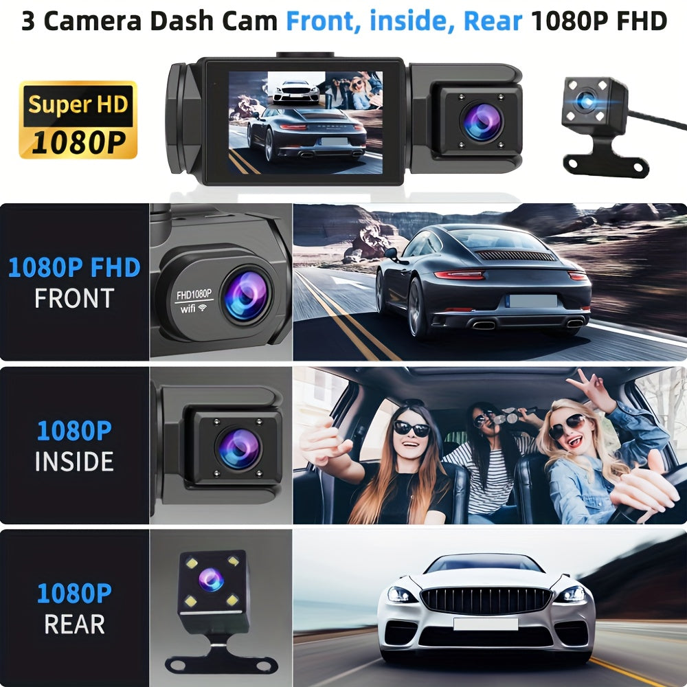 Car Driving Recorder, FHD1080P Car 2/3 Cameras, 170° Wide-angle Lens, Built-in Wifi, Adjustable Built-in Camera, Super Night Vision Black Box, Loop Recording, Motion Detection, Optional 32GB Memory Card, Car Front And Rear 360-degree Driving Recorde