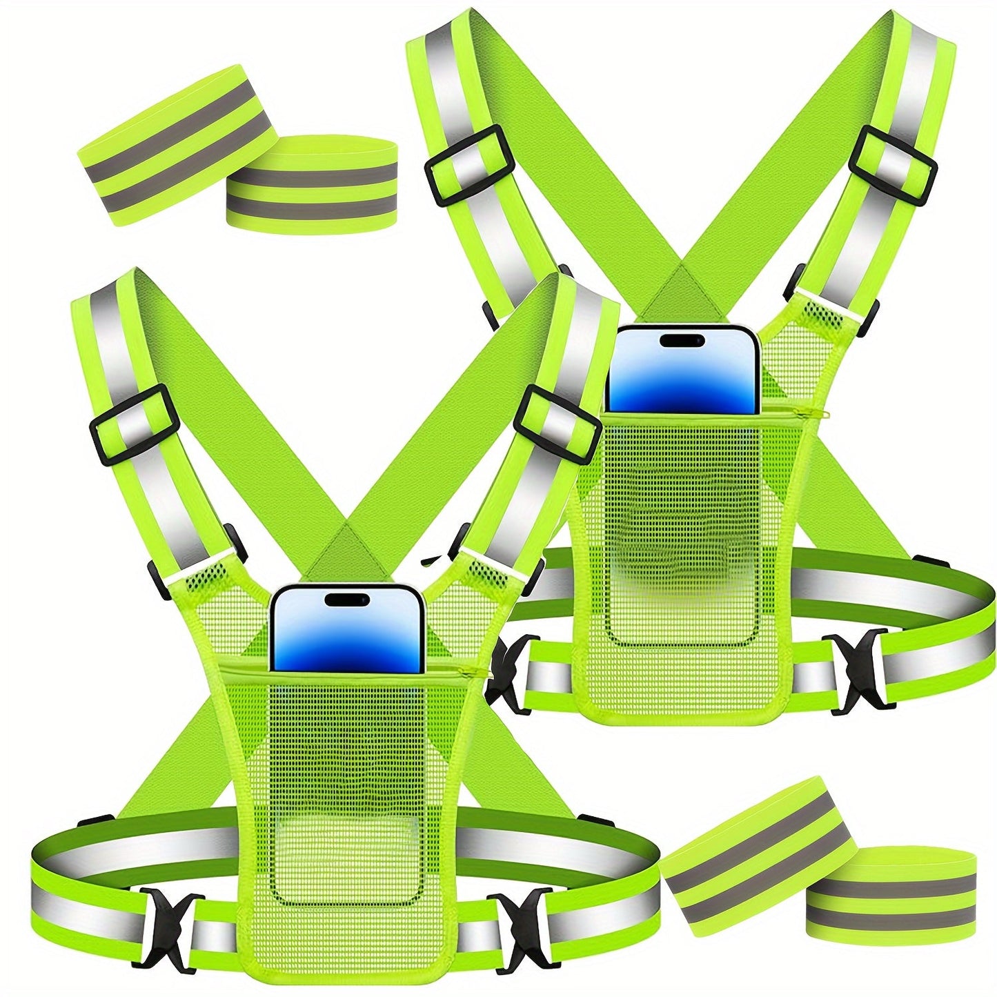 Reflective Running Vest with Phone Holder & Reflective Bracelets – Adjustable Safety Vest for Men Women, Dog Walking, Cycling, Night Running – 2 Pack