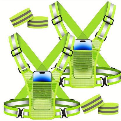 Reflective Running Vest with Phone Holder & Reflective Bracelets – Adjustable Safety Vest for Men Women, Dog Walking, Cycling, Night Running – 2 Pack