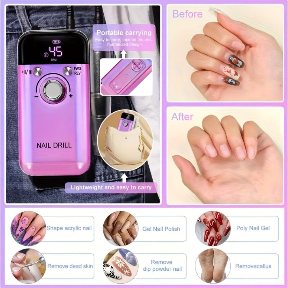 Nail Drill 45000 RPM Rechargeable Professional Electric Nail File Kit with Drill Bits Sanding Bands Low Noise Portable Manicure Pedicure Polishing Set for Salon Home Women Nail Techs