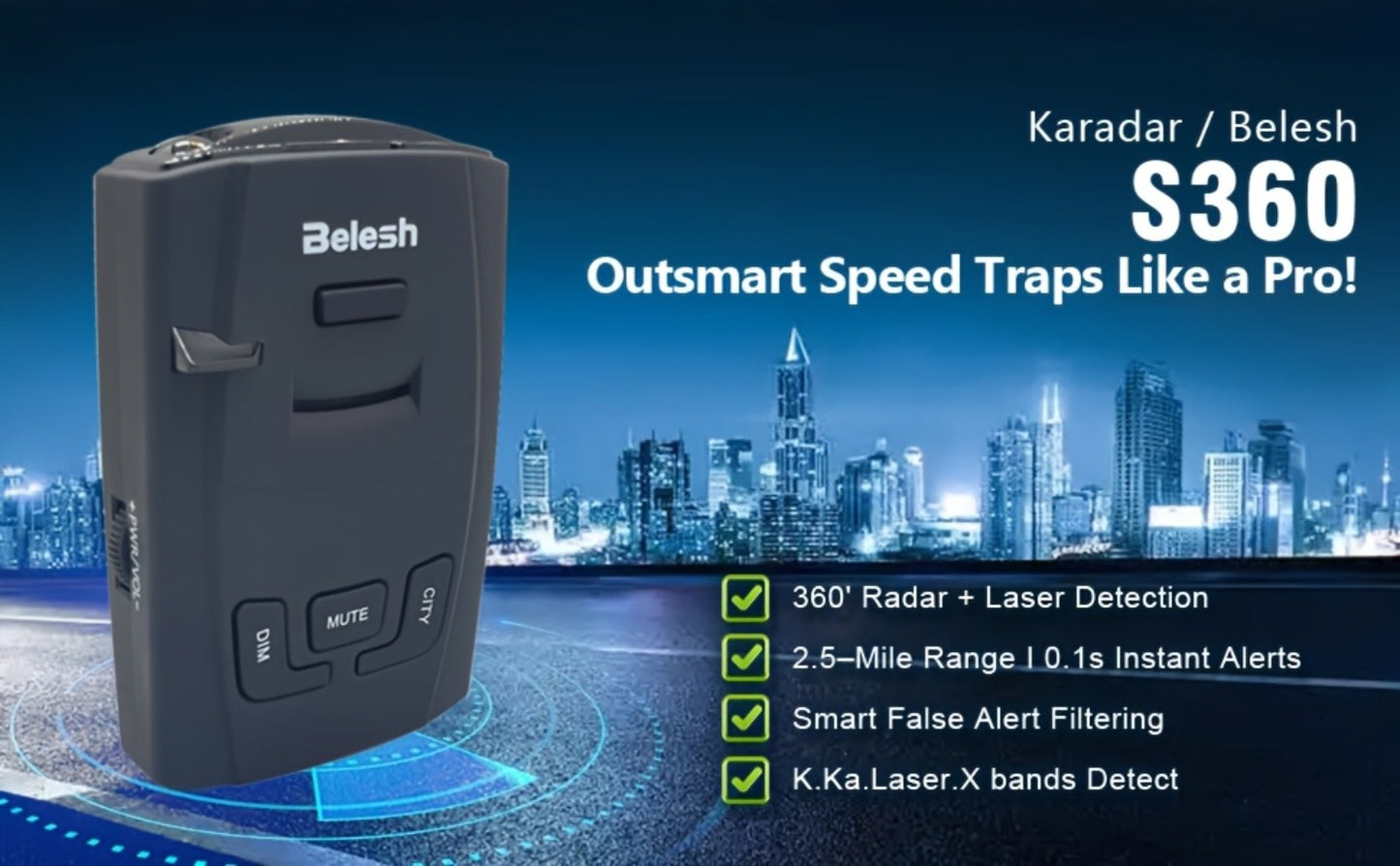 Radar Detector for Cars – S360 360° Long Range X/K/KA Band & Laser Detection with Voice Alerts, City Highway Mode, VG-2 Undetectable & Advanced False Alert Filter