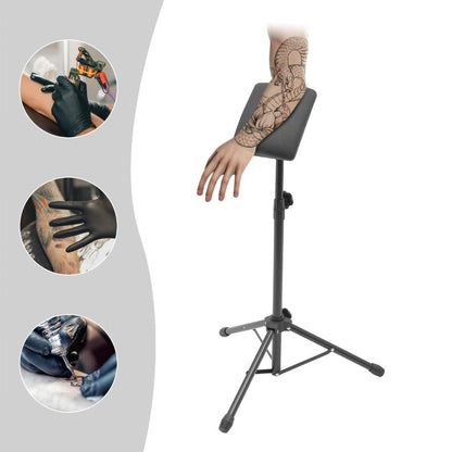 Tattoo Armrest Stand Adjustable Tripod with 15 Disposable Pads & 10 Gloves — 180° PU Padded Arm Leg Rest Portable Collapsible Support for Tattoo Studio Salon & Beginners
