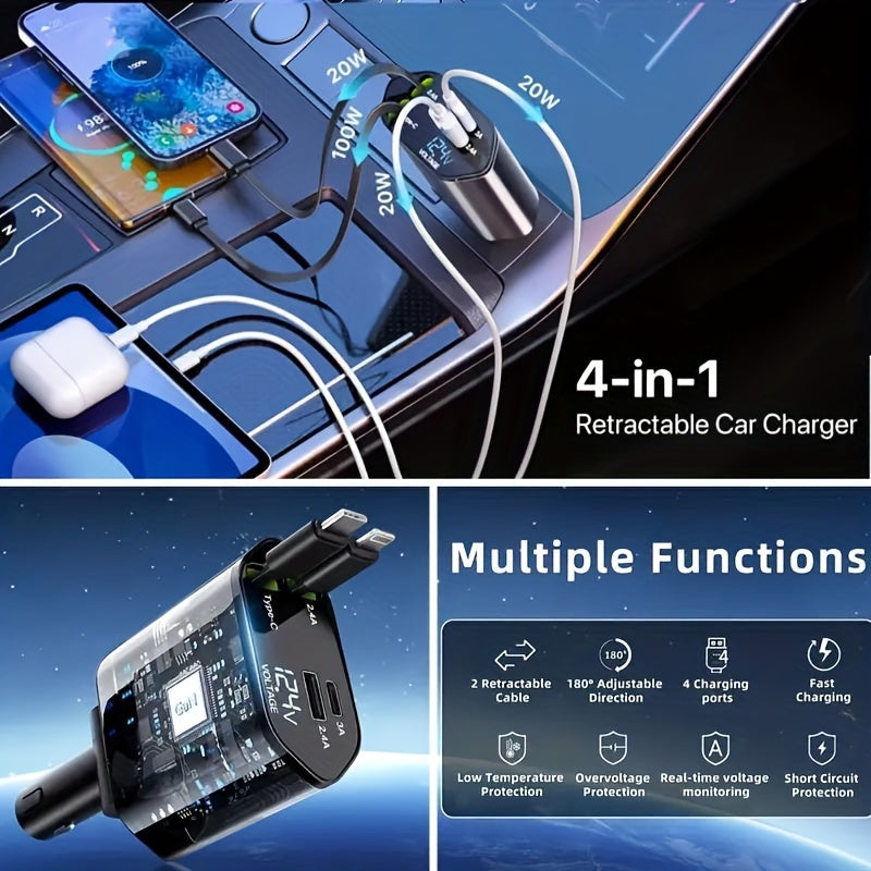 Retractable Car Charger 4in 1 Fast Car Phone Charger, Type C/IOS Car Charger Adapter with 2X Retractable Phone Charger Cables And 2X USB Ports for iPhone 15/14/13/12 Max, Samsung S24/S23, Google Smartphon