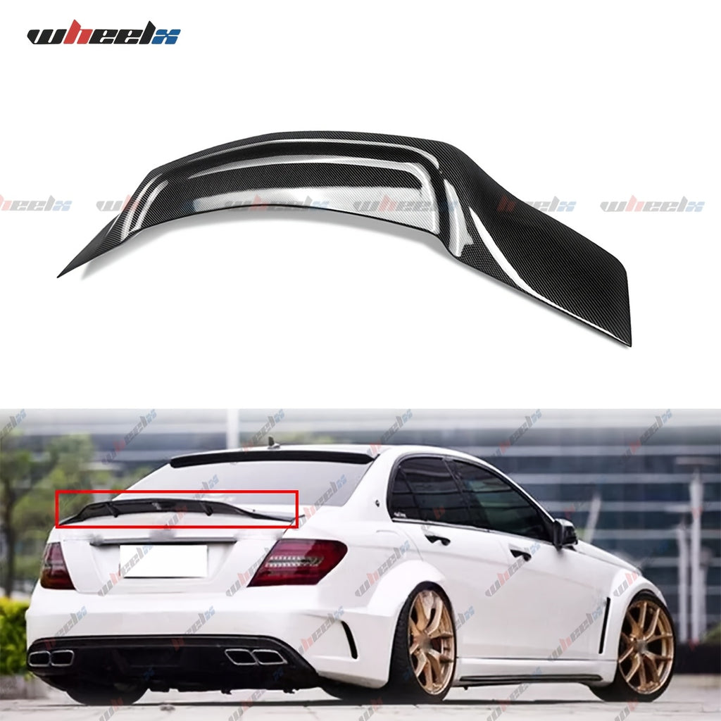 for Mercedes Benz W204 C250 C300 C63 AMG C-Class 4 Door Sedan Rear Duckbill Highkick Trunk Spoiler Wing, Gloss Black/Carbon Pattern, Chrome, ABS Material