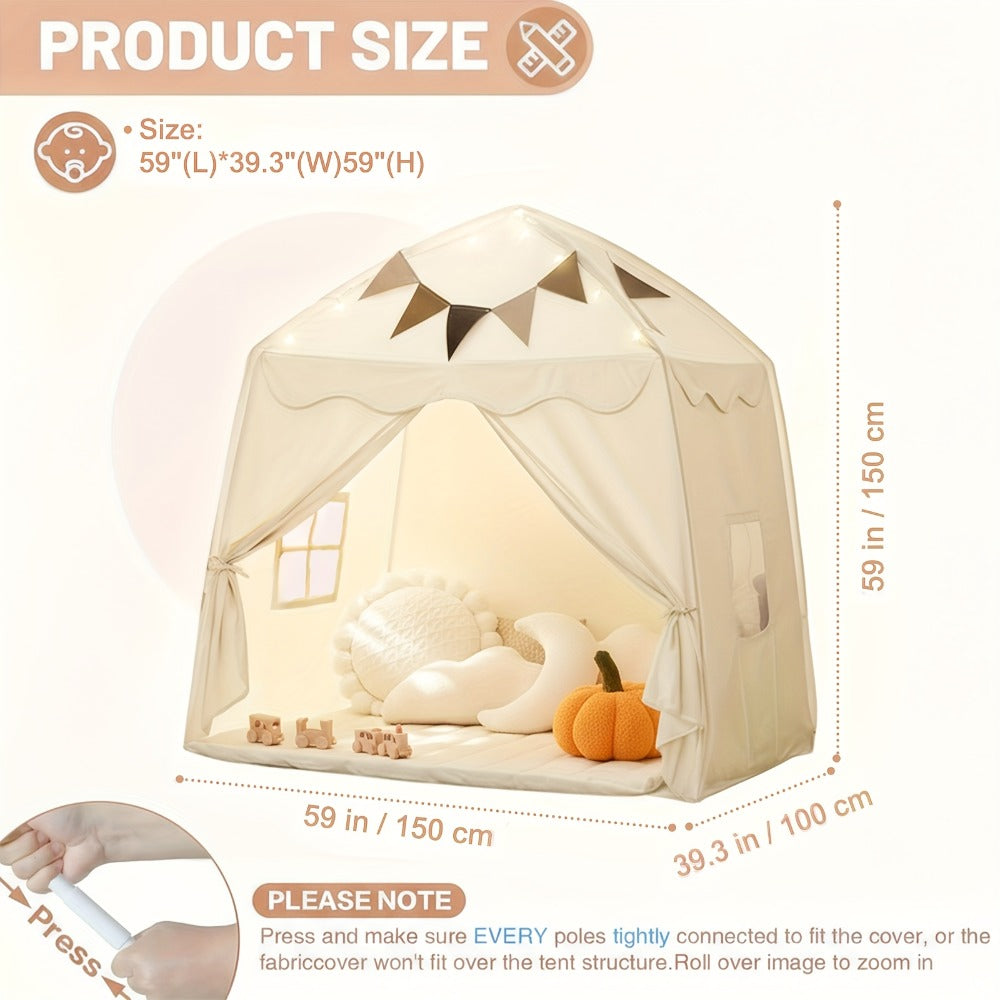 Play Tent for Kids Extra Large – Portable Foldable Teepee Indoor Outdoor Dome Playhouse with Flags, Bed Canopy Reading Nook for Boys Girls, Beige Pink Green Brown Cream 51–59 Inch