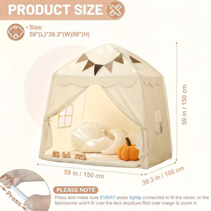 Play Tent for Kids Extra Large – Portable Foldable Teepee Indoor Outdoor Dome Playhouse with Flags, Bed Canopy Reading Nook for Boys Girls, Beige Pink Green Brown Cream 51–59 Inch