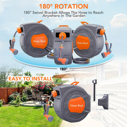65ft Automatic Garden Hose Reel with 9-Function Sprayer | 180° Swivel, Auto-Rewind & Slow Return System