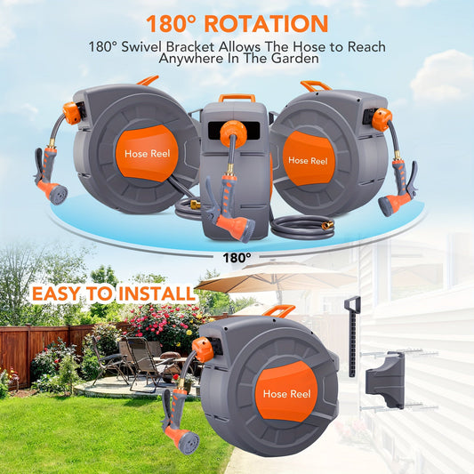 65ft Automatic Garden Hose Reel with 9-Function Sprayer | 180° Swivel, Auto-Rewind & Slow Return System