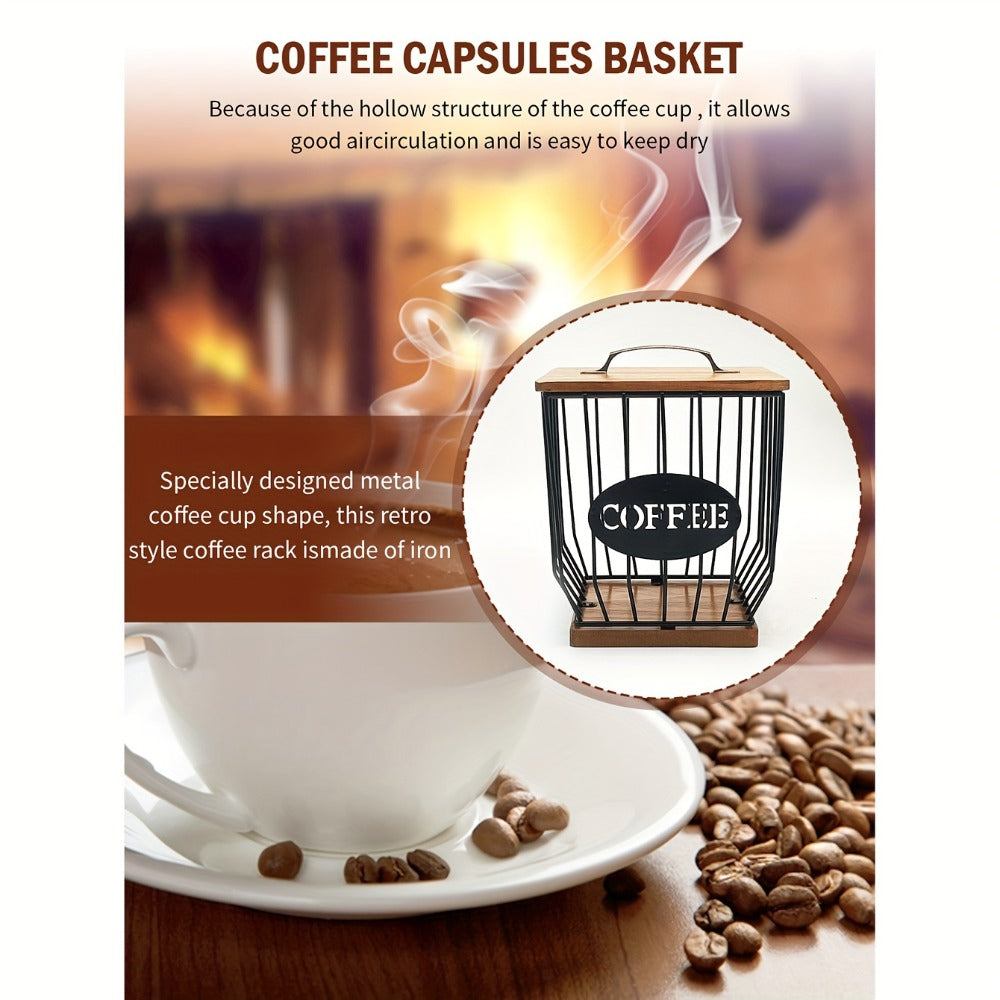K-Cup Coffee Pod Holder Rack with Lid – Large Capacity Black Metal Square Coffee Capsule Storage Organizer with Wooden Base, Modern Coffee Bar Countertop Decoration for Coffee Beans & Capsules – Black