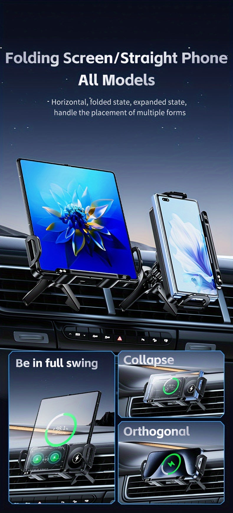 2025 New Car Holder Folding Screen Mobile Phone/tablet Holder 15W Wireless Fast Charging Two-in-one Automatic Rotating Magnetic Mobile Phone Holder Car Air Outlet Holder Suitable for Folding Screen Hands Samsung Galaxy ZFold6/5/4/3 Galaxy ZFold/notes
