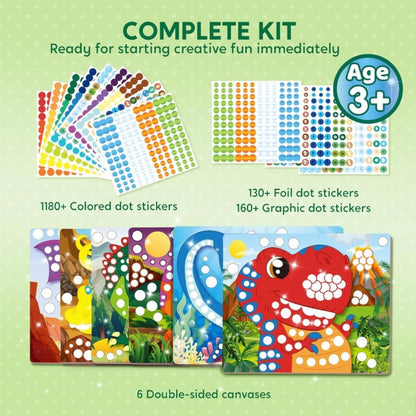 Dinosaur Dot Sticker Art Kit for Kids – 12 Picture Canvases & 1400+ Dot Stickers No Mess Creative Activity, Travel Toy Arts Crafts Birthday Gift Boys Girls Ages 3-8